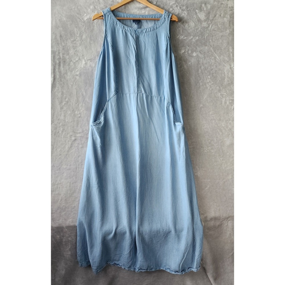 J. Jill Denim Maxi Dress Womens Size XL Blue Chambray Long Pockets Tank Slit Hem